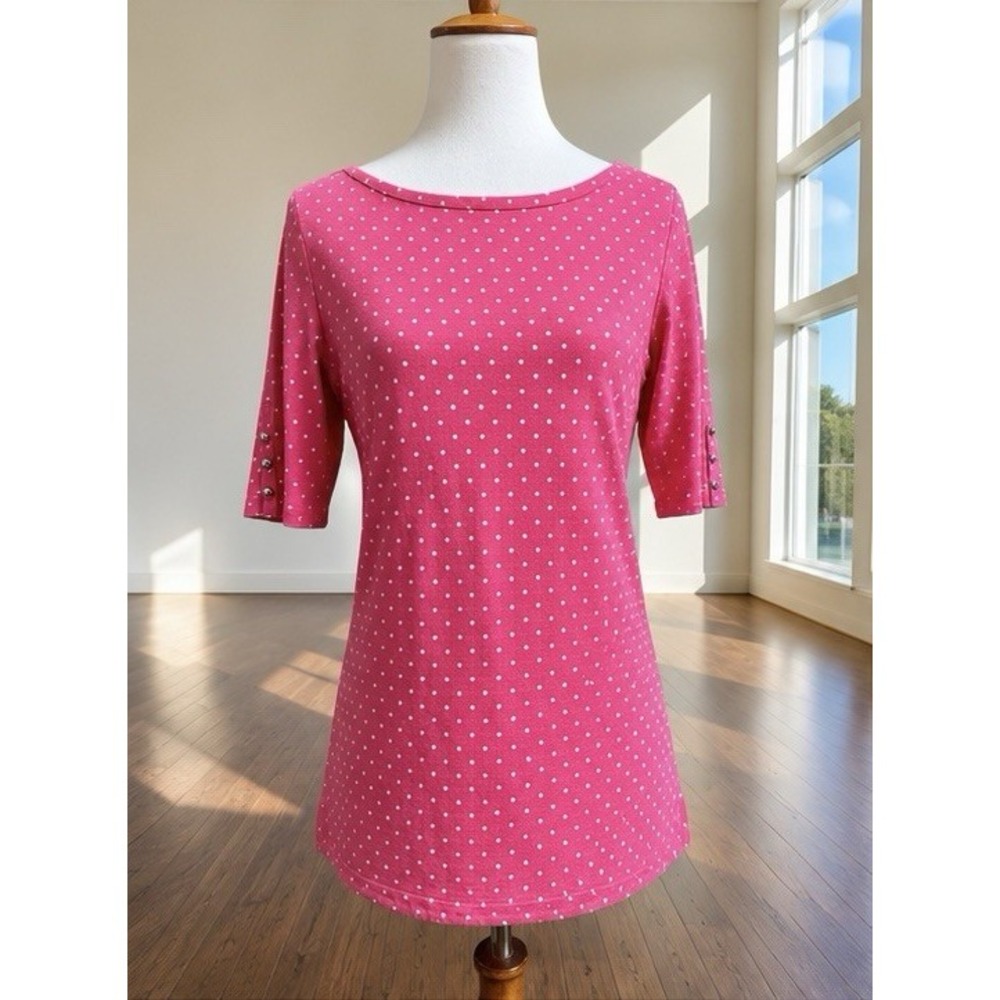 Talbots Womens Small Pink White Polka Dot Boat Neck Top SS Pima Cotton